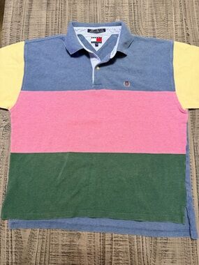 Tommy Hilfiger Colorblock Polo Shirtin Green, Pink, Blue & Yellow Size XL